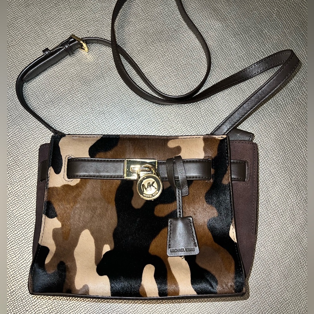 MICHAEL KORS MK Hamilton Traveler Calf Hair Brown Leather Bag Handbag EUC